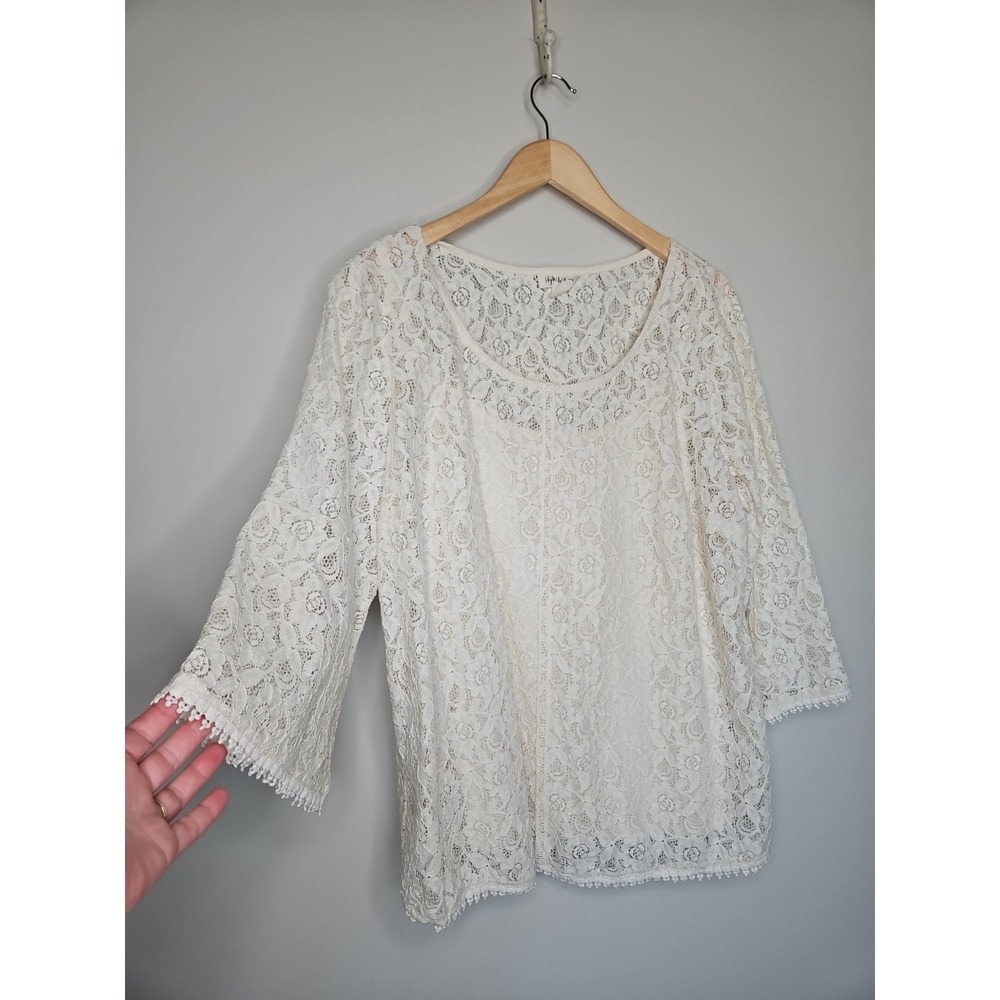 Style & Co Blouse 1X Cream Lace Crochet Floral Boho CottageCore Coquette Cotton